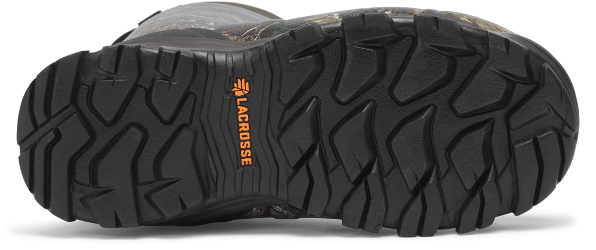 Bottom sole view of LaCrosse hunting boot showing aggressive tread pattern and brand logo