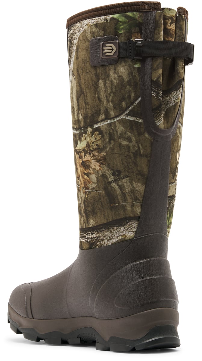 Rear view of a tall pull-on hunting boot with camouflage neoprene upper and rubber sole