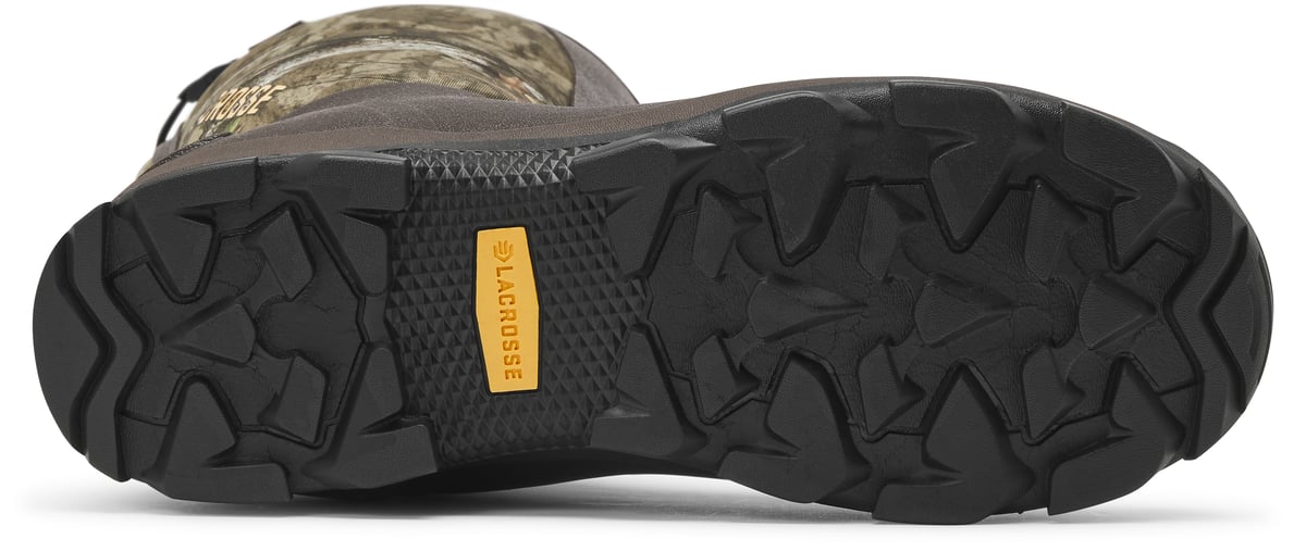 Bottom sole view of LaCrosse tall hunting boot showing aggressive tread pattern and brand label