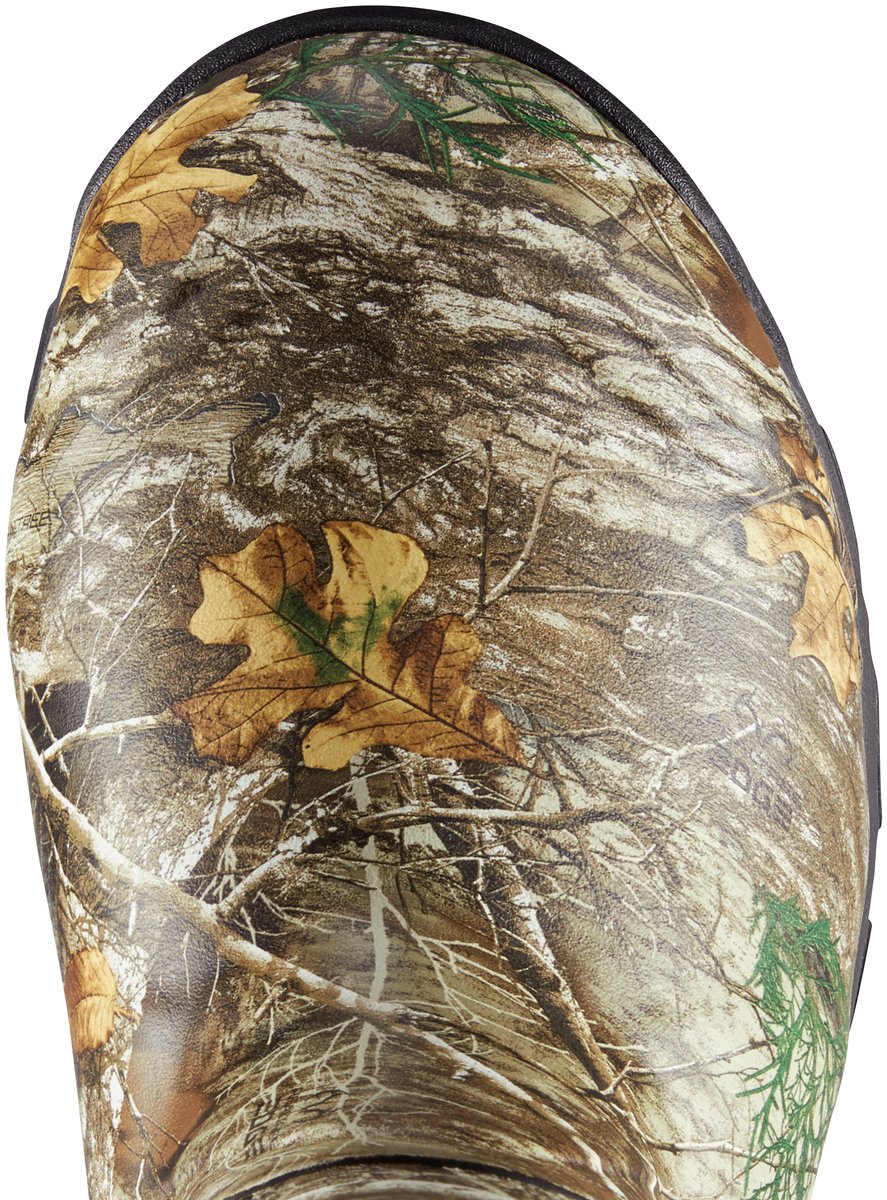 Close-up top view of a camouflage hunting boot with woodland leaf pattern