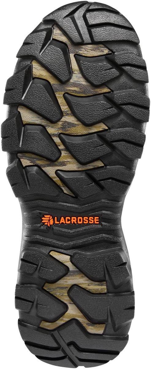 Bottom sole view of LaCrosse hunting boot showing aggressive tread pattern and camouflage outsole