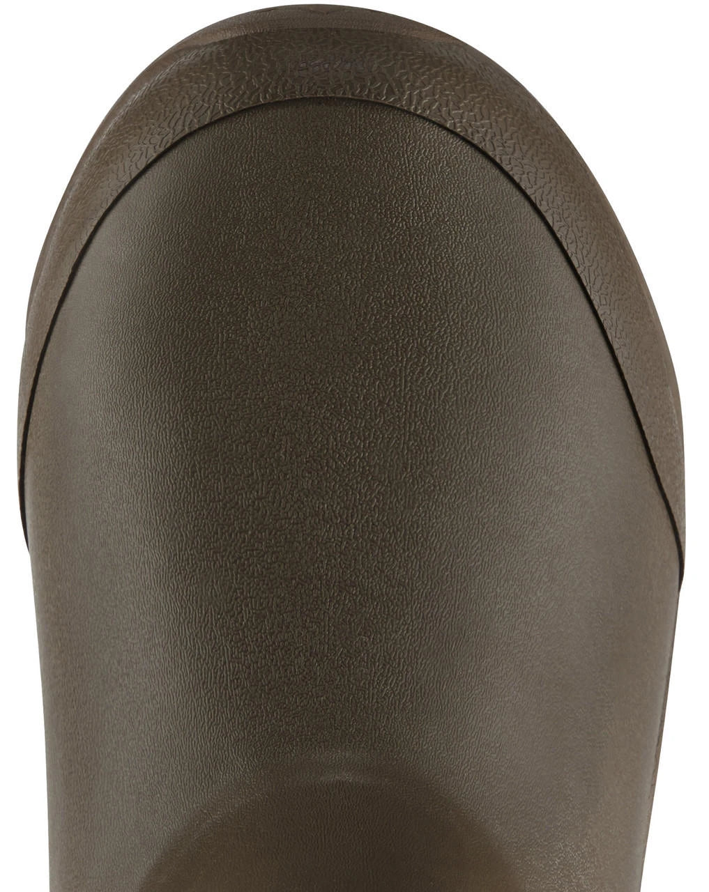 Close-up toe detail of a tall rubber Wellington boot with textured sole edge
