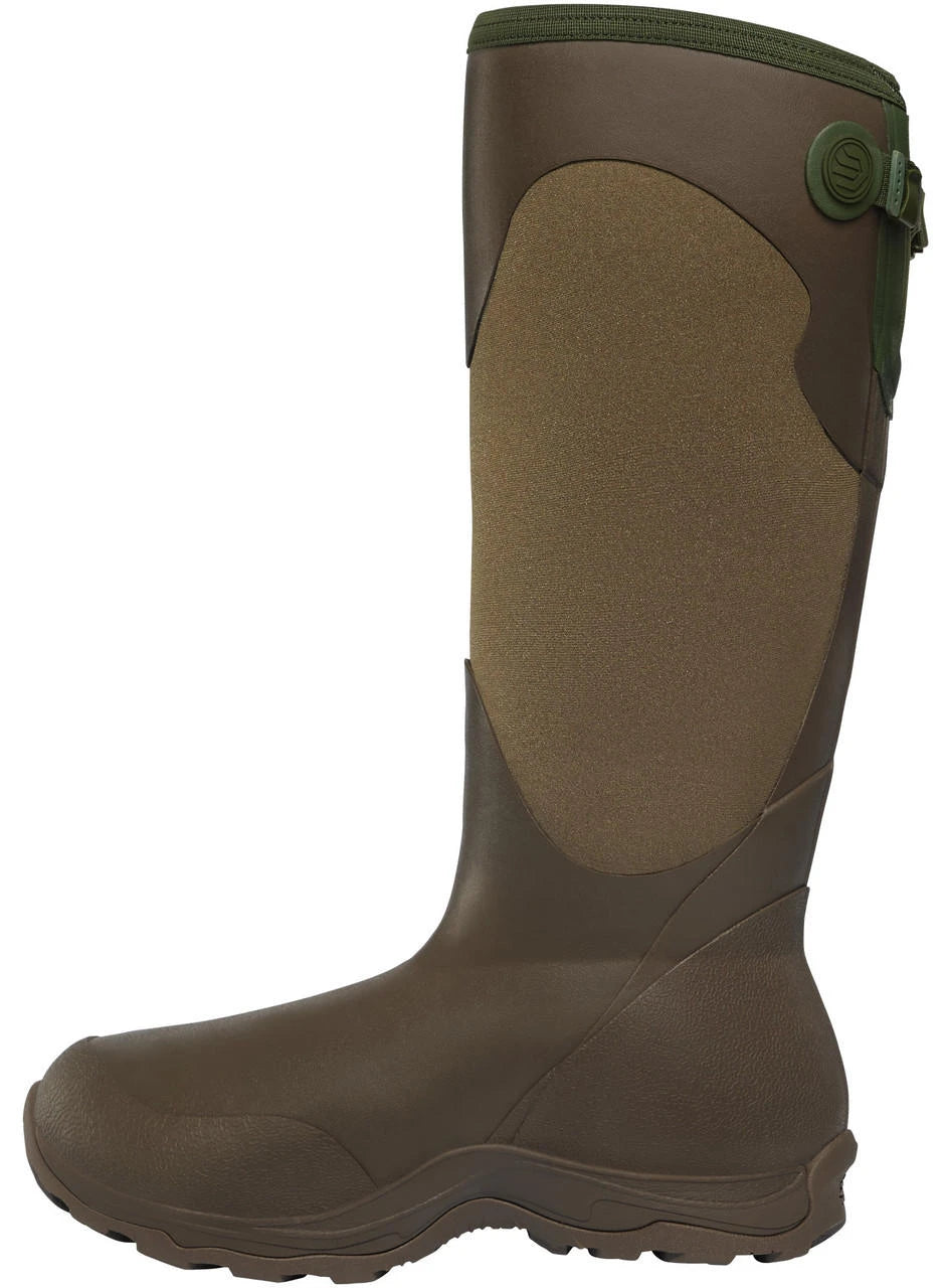 LaCrosse tall rubber hunting boot with neoprene upper and green trim accents, side view