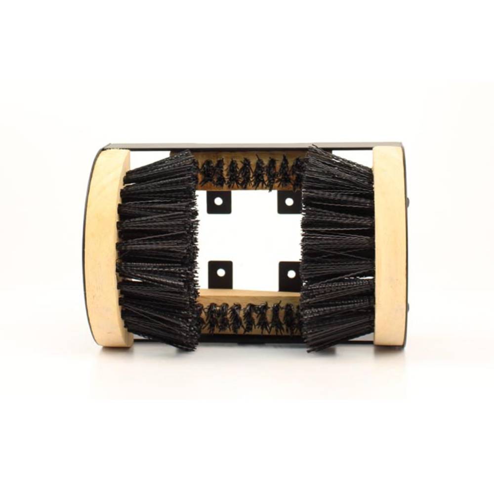 Cylindrical boot scrubber with dense black bristles and natural wood end caps