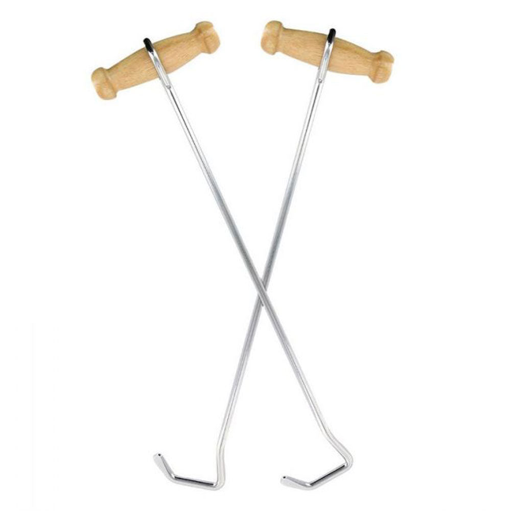 Pair of extra long boot hooks with wooden handles and chrome metal shafts crossed