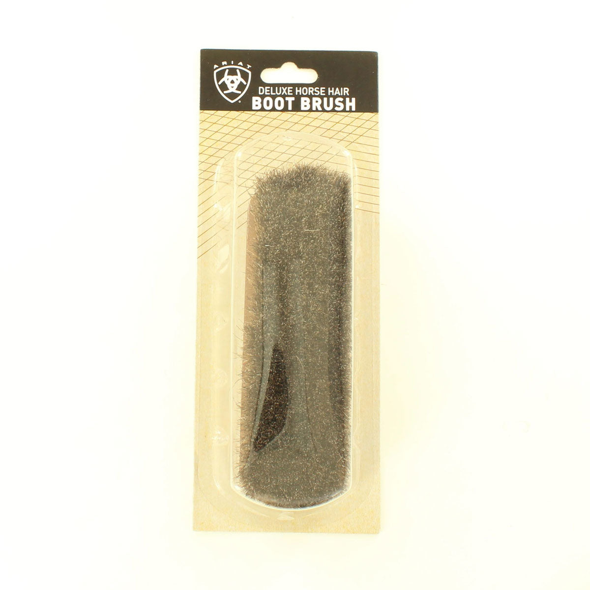 Ariat Deluxe Horse Hair Boot Brush shown in retail packaging on white background