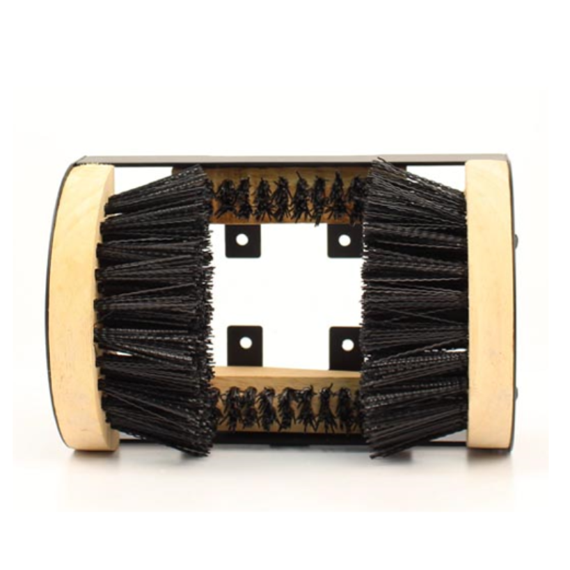 Cylindrical boot scrubber with dense black bristles and natural wood end caps