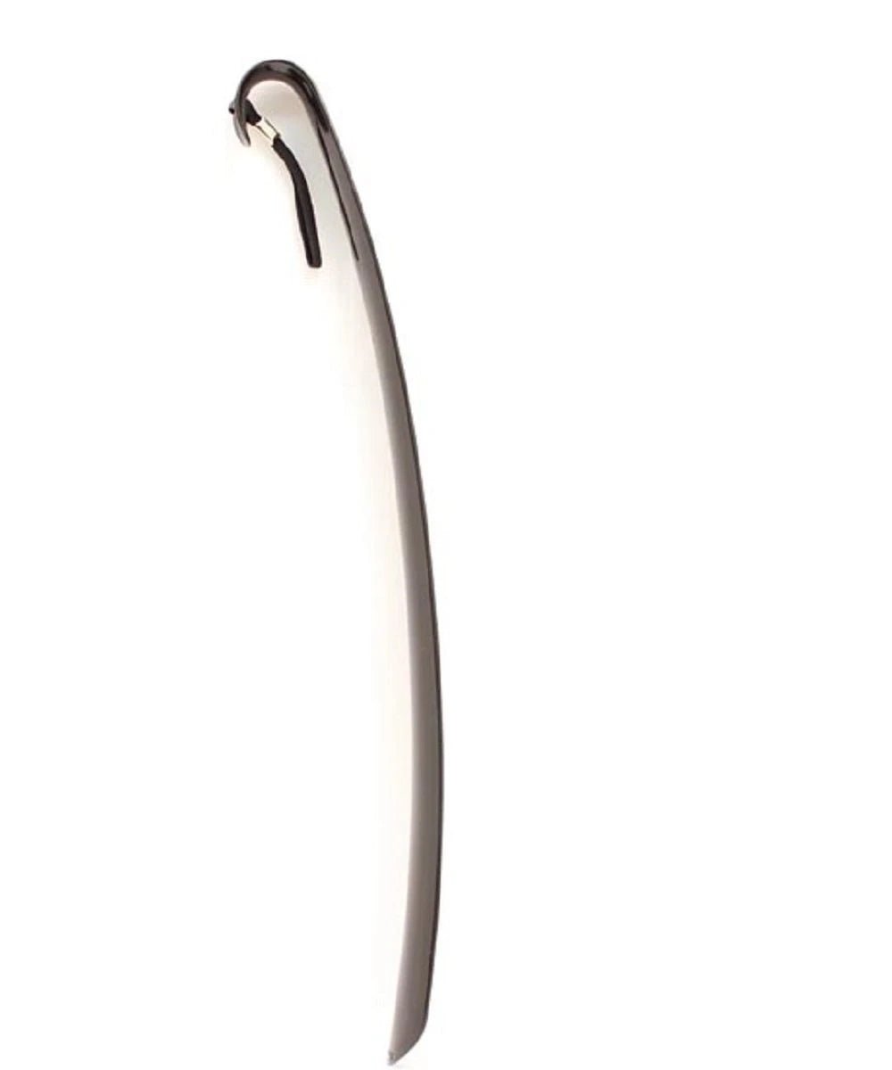 Long curved metal boot horn with hooked handle for easy shoe and boot fitting