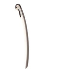 Long curved metal boot horn with hooked handle for easy shoe and boot fitting