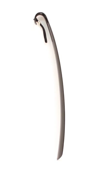 Long curved plastic boot horn with hook at top for easy insertion and removal