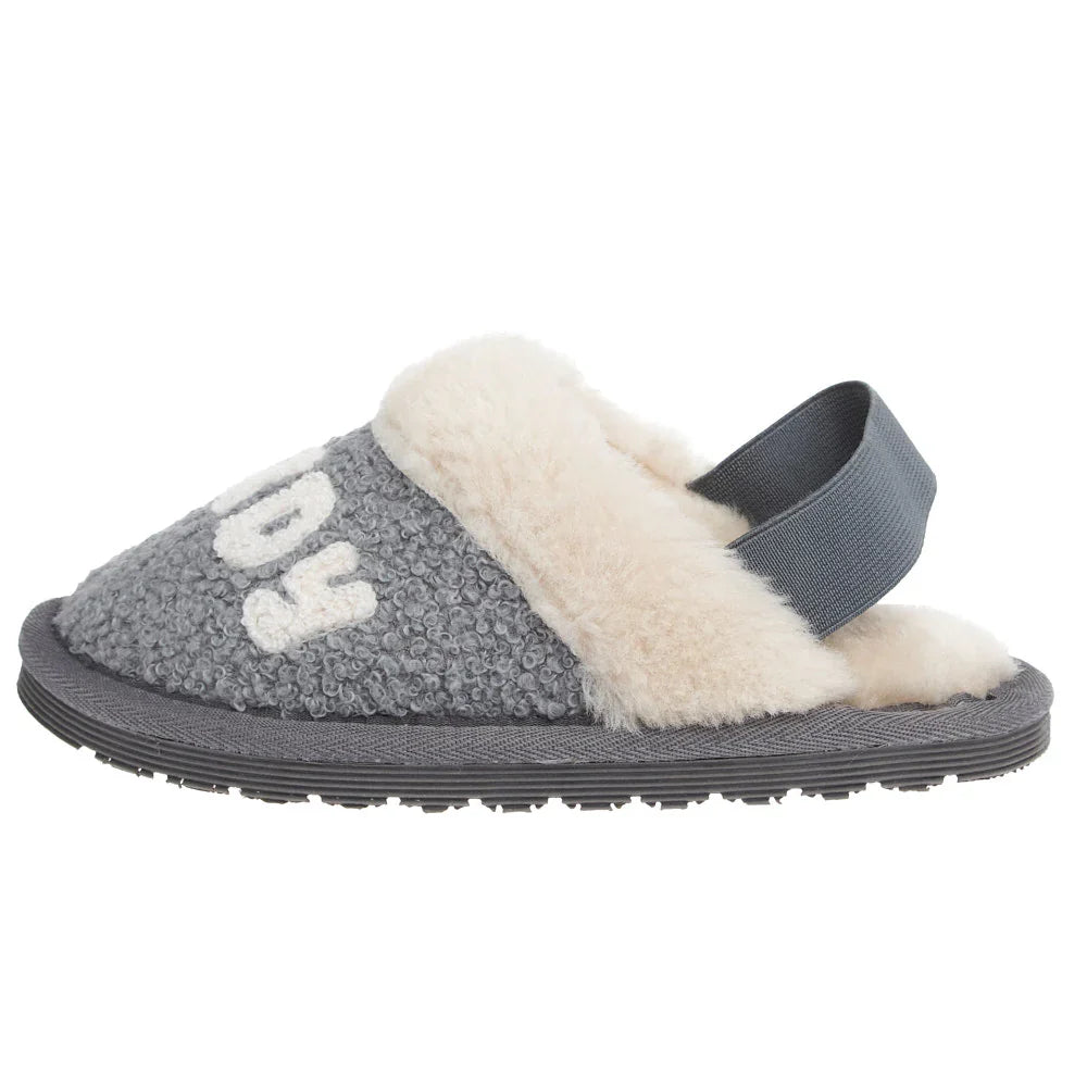 Girls gray fluffy slipper with cream sherpa trim, elastic back strap, and rubber sole