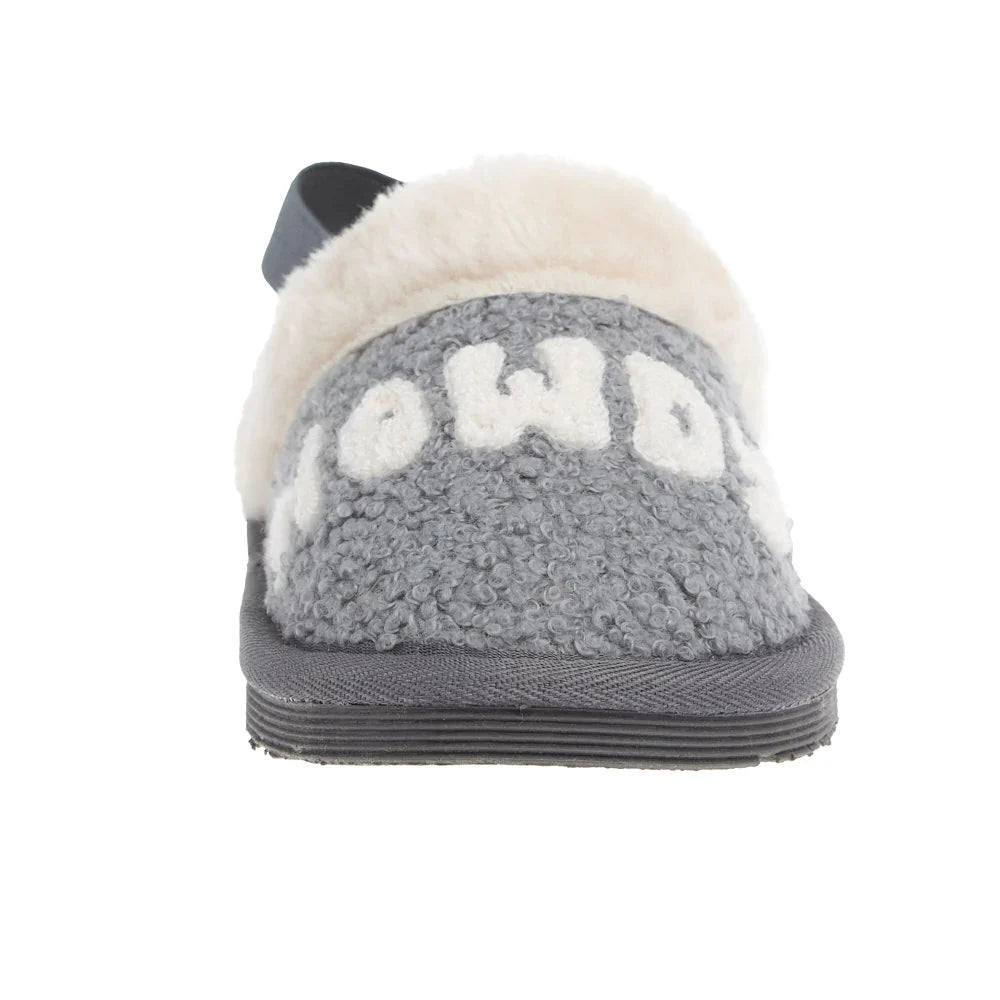 Gray fuzzy slipper with cream faux fur trim and HOWDY lettering, back view