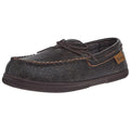 Men's dark brown leather moccasin slipper with bow tie lacing and stitched detailing