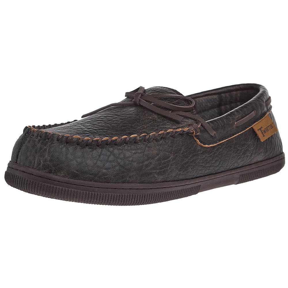Men's dark brown leather moccasin slipper with bow tie lacing and stitched detailing