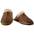 Men's brown leather moccasin-style slippers with sherpa fleece lining and whipstitch detailing