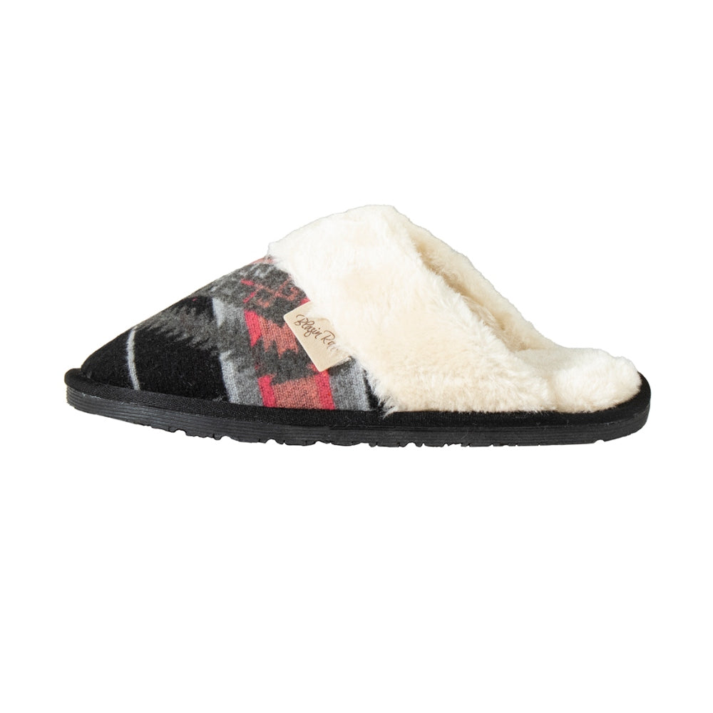 Women's slide slipper with black patterned upper and cream faux fur lining and cuff