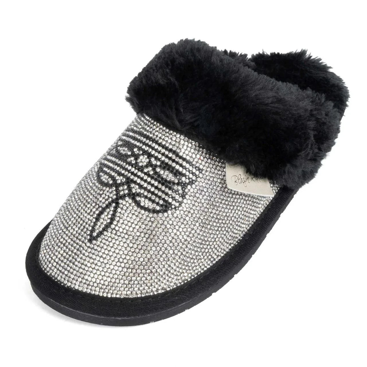 Women's rhinestone-embellished mule slipper with black faux fur cuff and dragonfly design