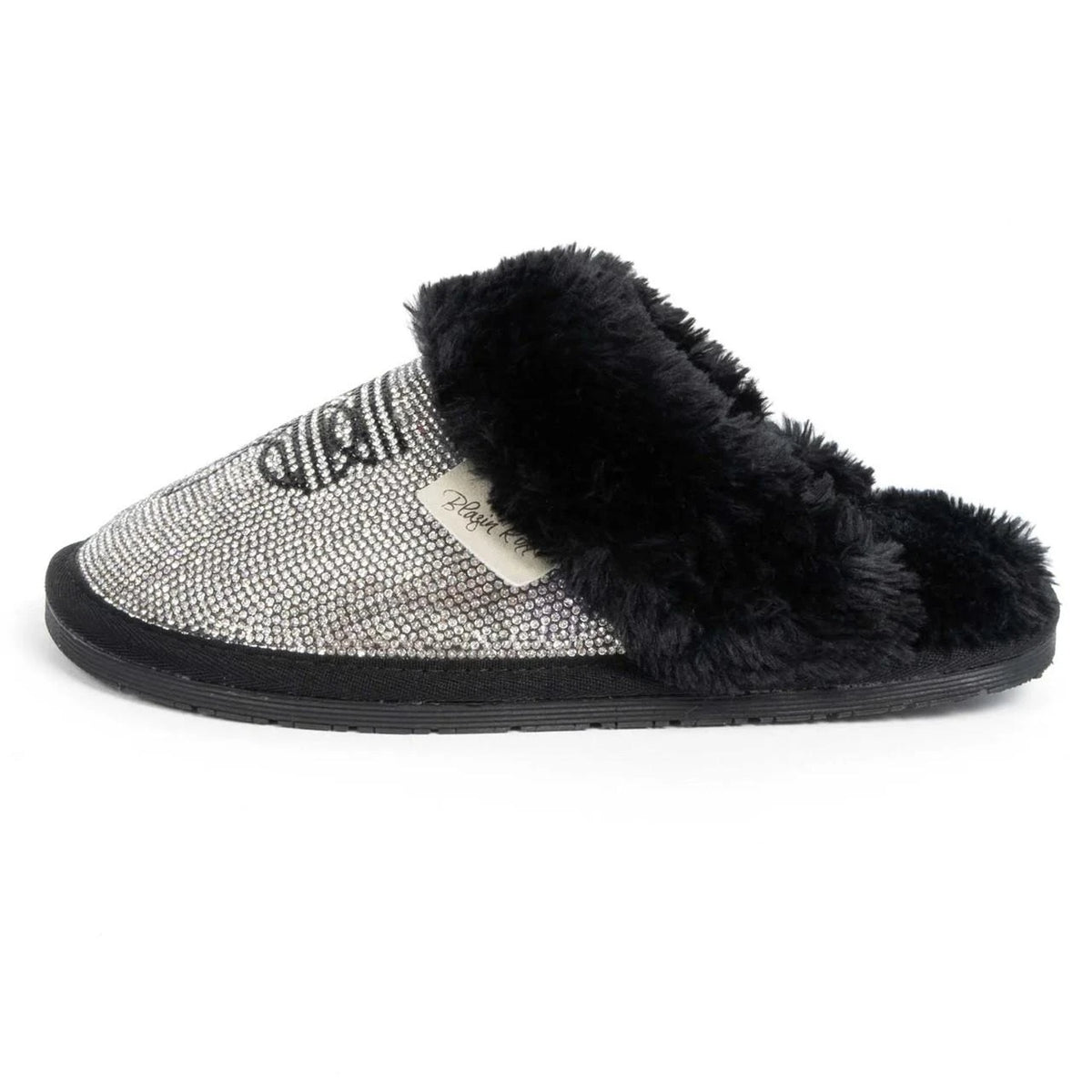 Women's rhinestone-studded mule slipper with black faux fur trim and rubber sole