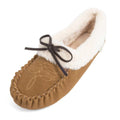 Women's suede moccasin slipper with sherpa lining and decorative bow tie