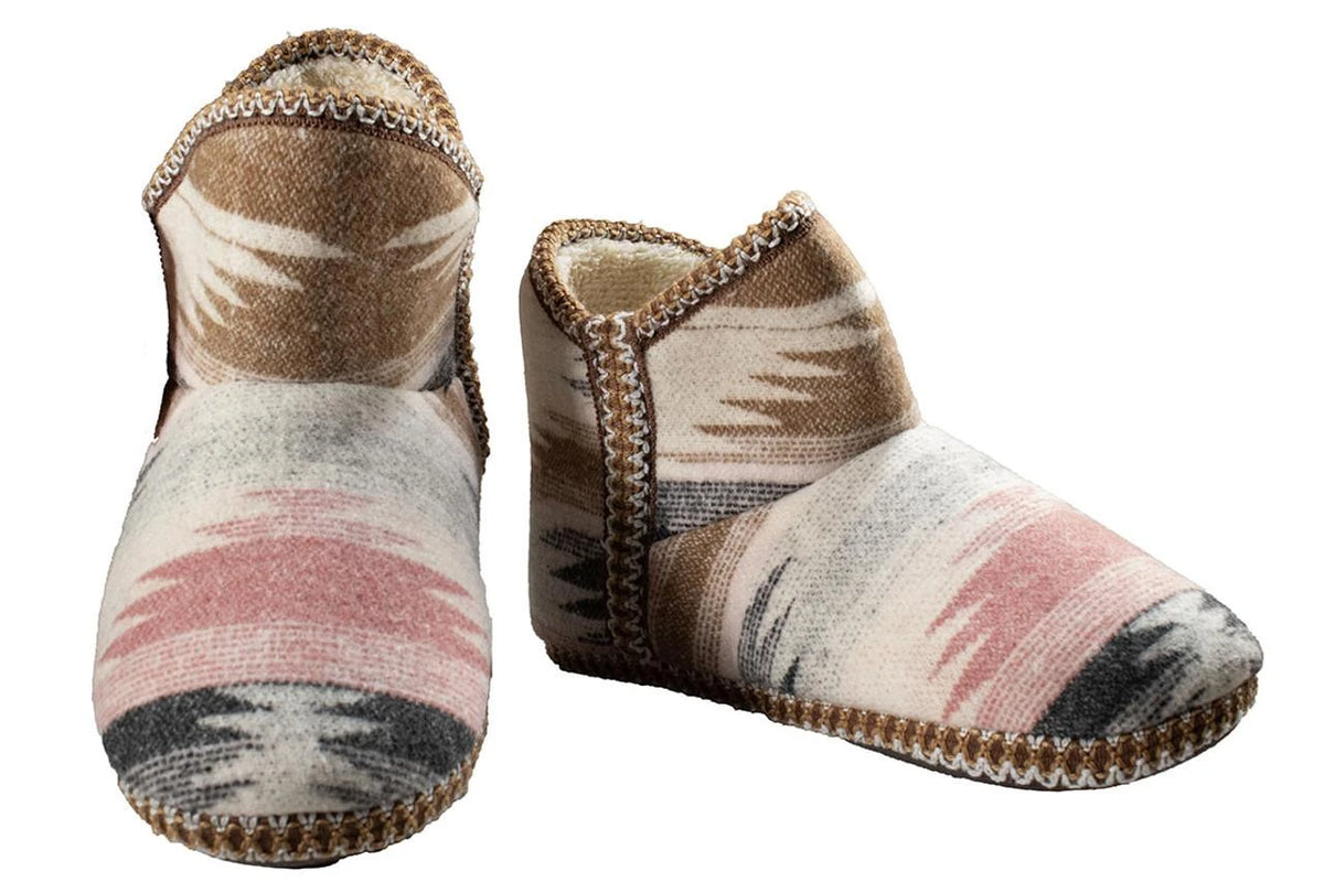 Pair of ankle slipper booties with Southwestern-style striped textile upper and stitched sole
