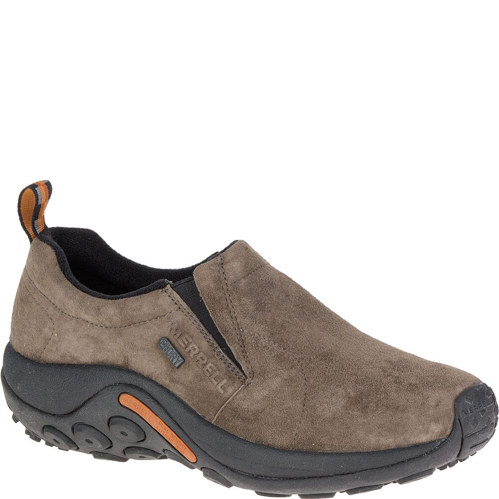Merrell slip-on moc shoe with suede upper, waterproof badge, and orange accents on sole