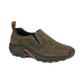 Merrell Jungle Moc slip-on shoe with suede upper, black sole, and orange heel pull tab