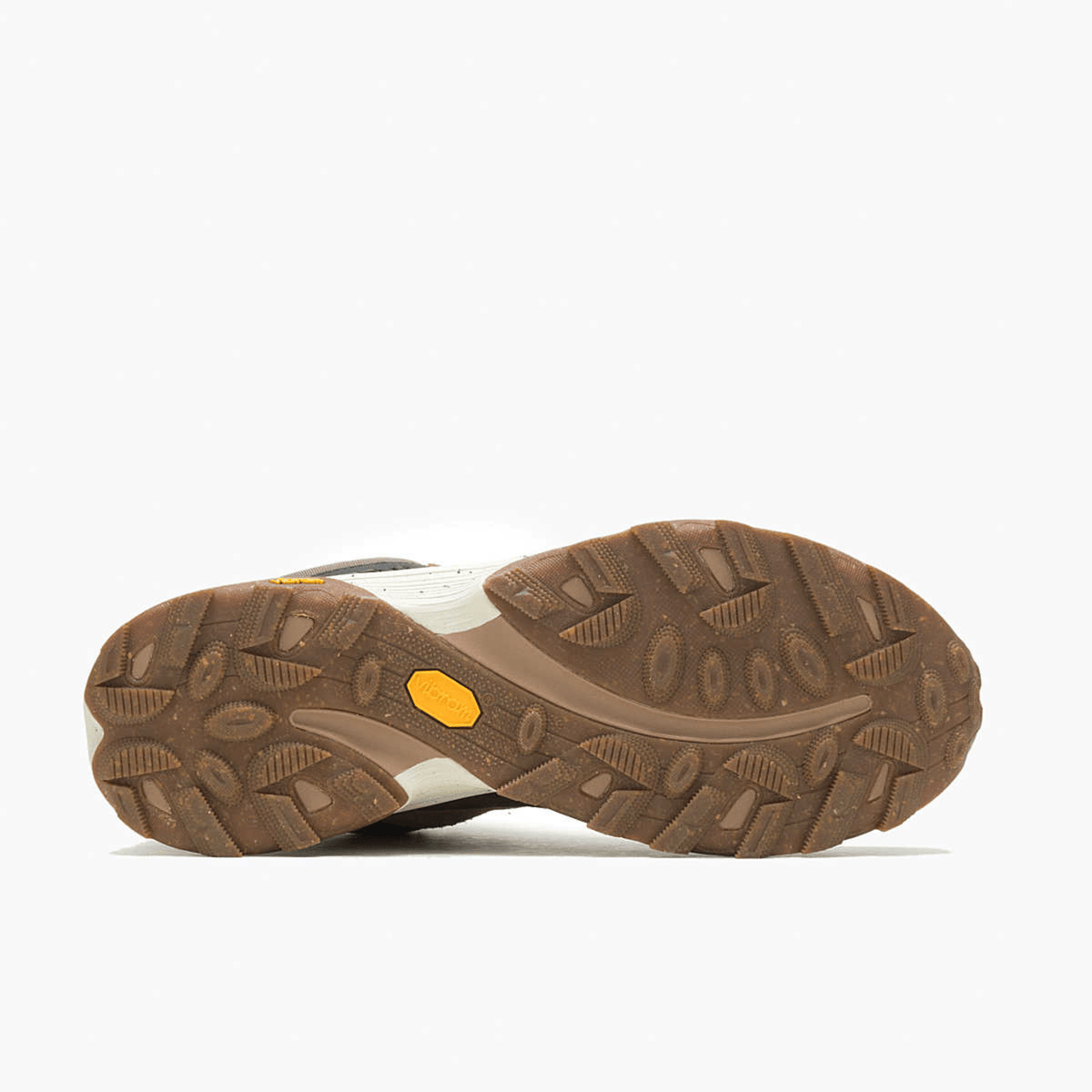 Bottom sole view of Merrell hiking shoe showing rugged brown lugged outsole tread pattern