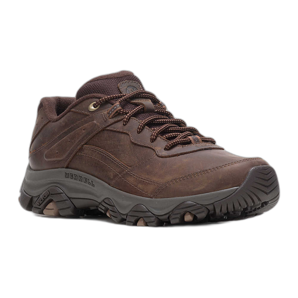 Merrell men's low-cut leather hiking shoe with rugged Vibram outsole and lace-up closure