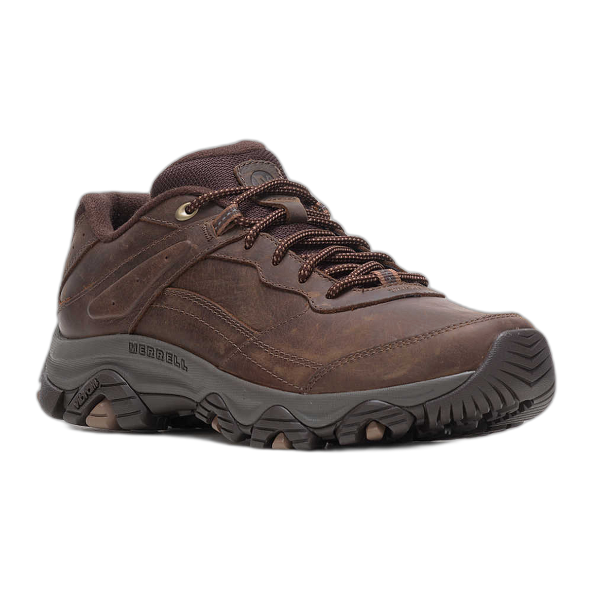 Merrell men's low-cut leather hiking shoe with rugged Vibram outsole and lace-up closure