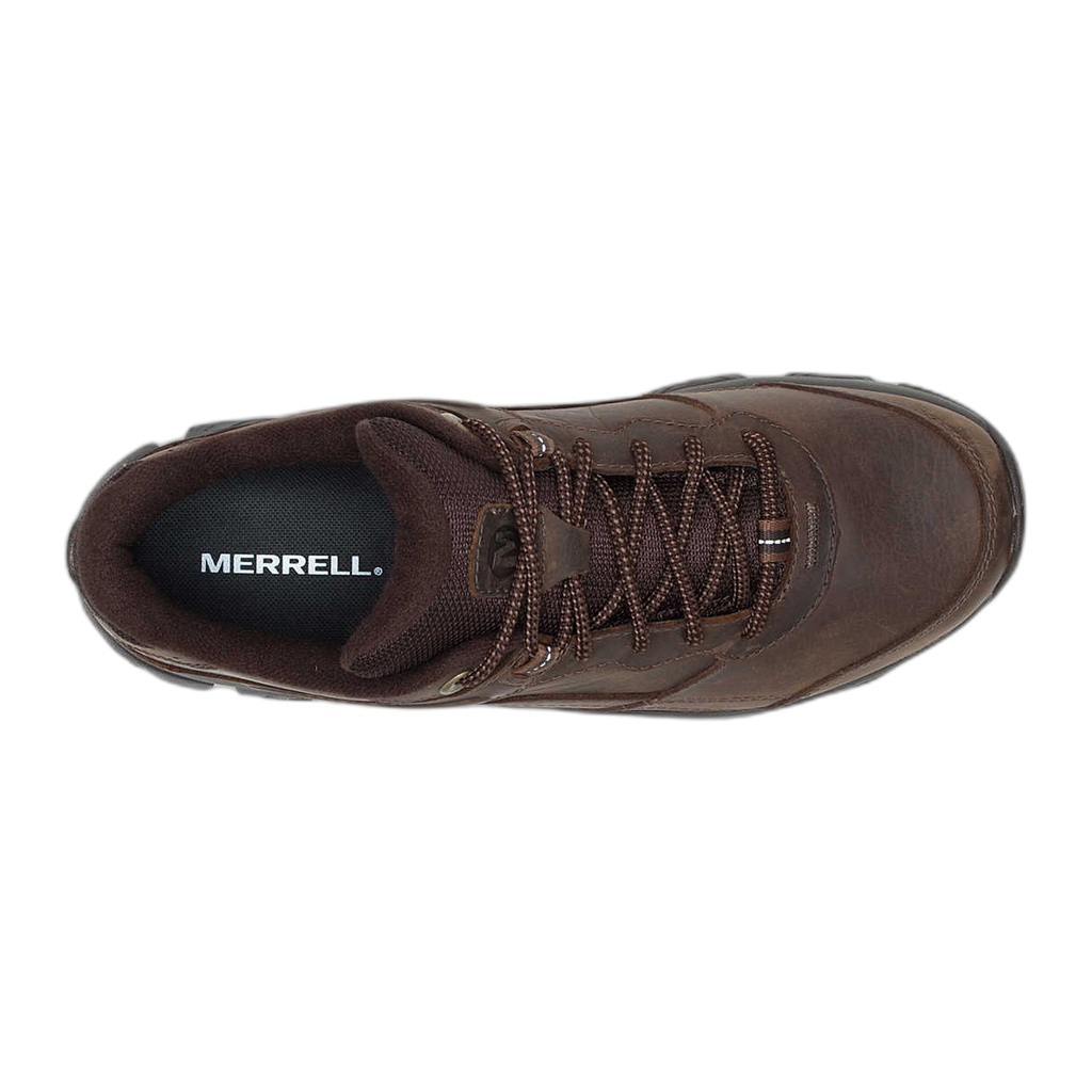 Top-down view of Merrell men's lace-up leather hiking shoe with branded insole