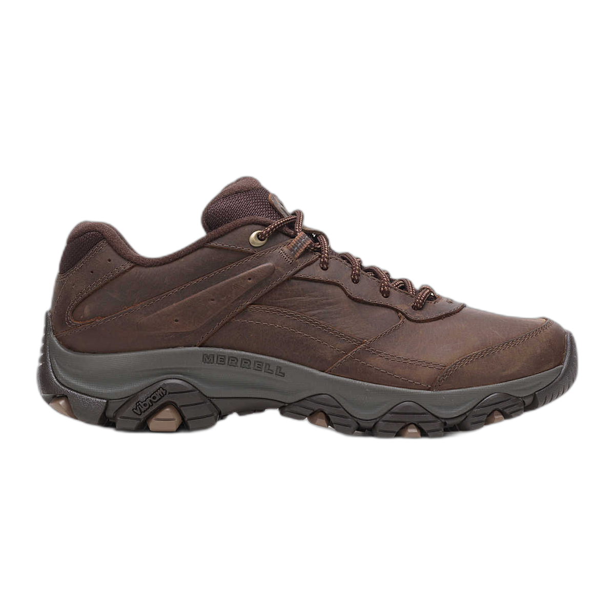 Merrell Moab Adventure 3 men's leather hiking shoe with Vibram outsole, lateral view