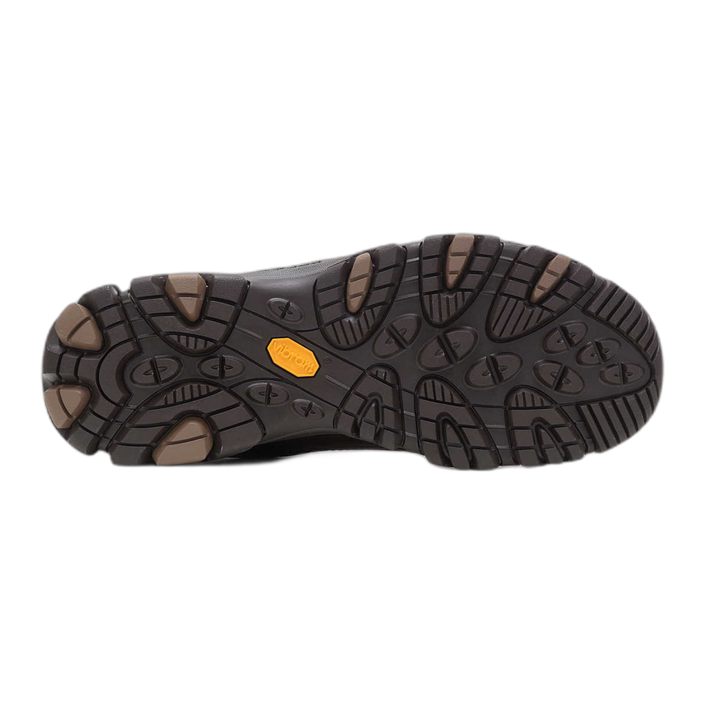 Bottom sole view of Merrell Moab Adventure 3 hiking shoe showing Vibram outsole tread pattern