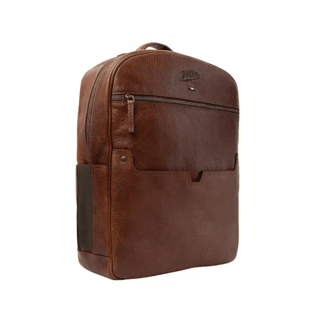 Milwaukee Brewer leather backpack with front zip pocket and structured rectangular silhouette