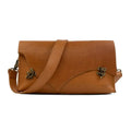 Milwaukee Corby crossbody pouch in tan leather with brass clasp hardware and adjustable strap