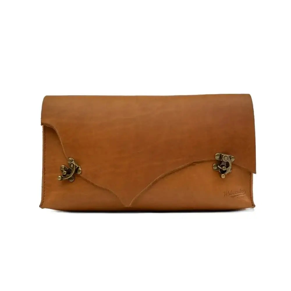 Milwaukee Corby leather clutch pouch with antique brass toggle closures and envelope flap design