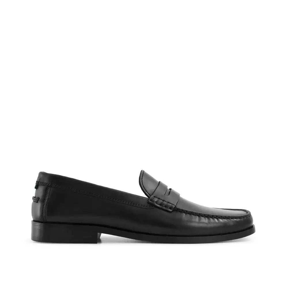 Men's black leather penny loafer with classic strap detail and low heel, side profile view