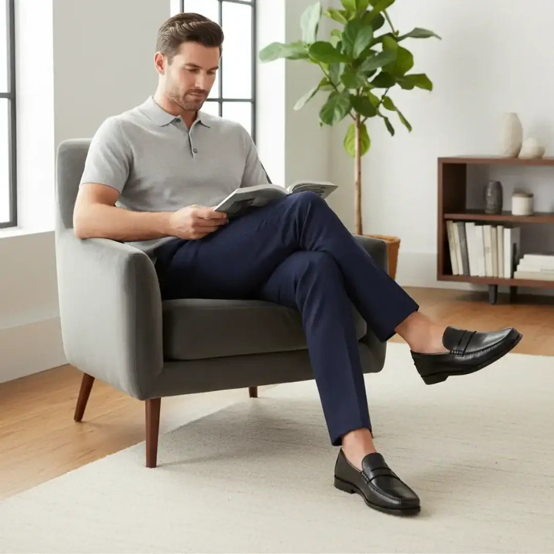 Man seated in armchair reading a book wearing black penny loafers with navy trousers