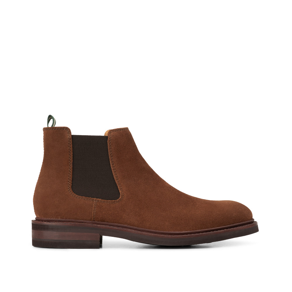 Men's dark tan suede Chelsea boot with elastic side panel and brown leather sole