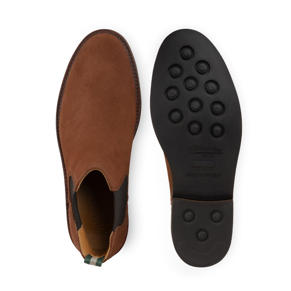 Milwaukee Plankinton Chelsea boot top view alongside outsole showing Goodyear welt construction