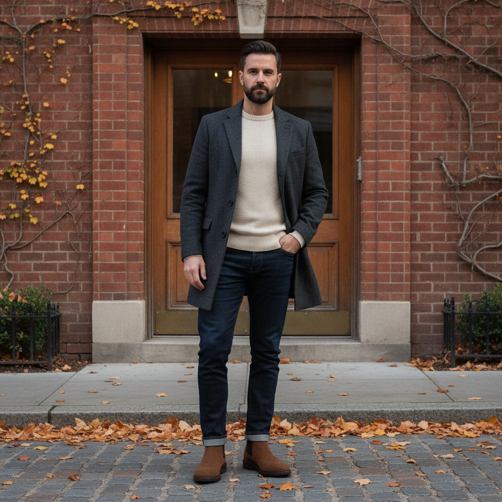 Man wearing dark tan suede Chelsea boots styled with dark jeans and wool coat outdoors