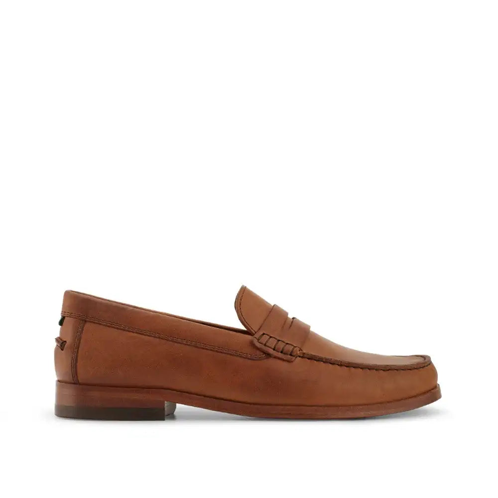 Milwaukee Dunes men's penny loafer in tan leather with classic saddle strap detail