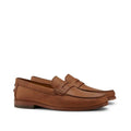 Men's tan leather penny loafer with stitched moccasin toe and low heel, pair shown