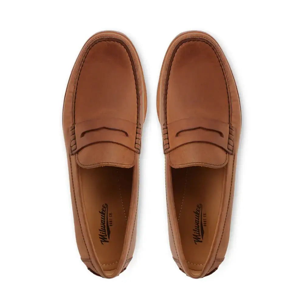 Milwaukee Dunes penny loafers in tan leather shown from overhead on white background