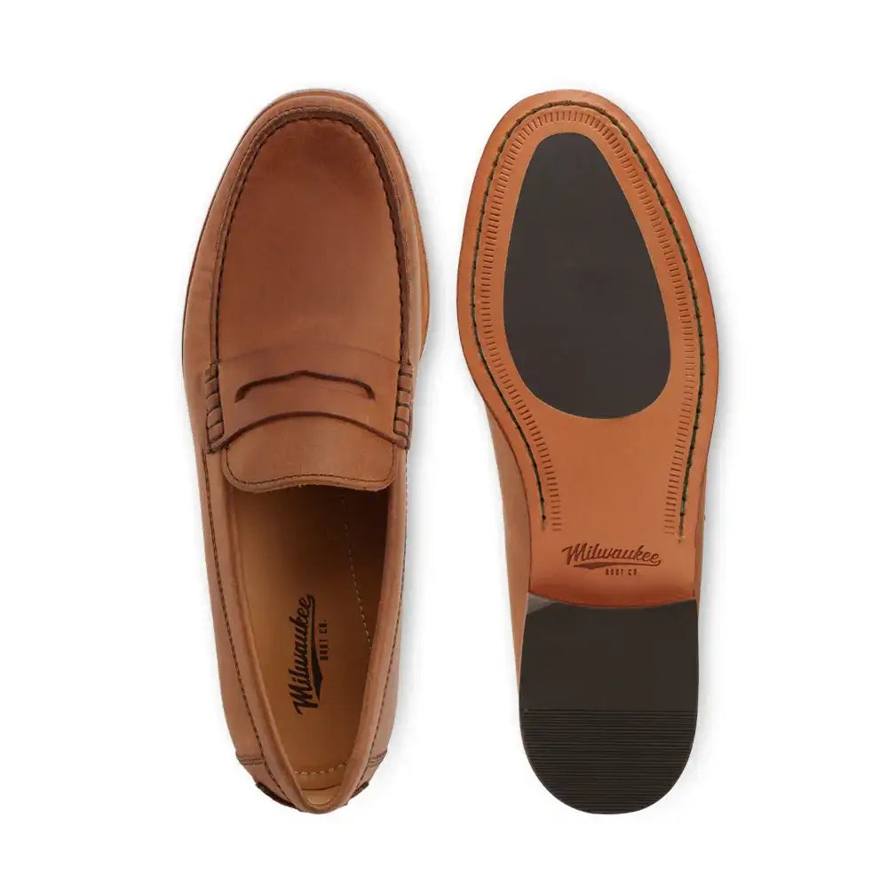 Milwaukee Boot Co. mens penny loafer shown from top and sole angles on white background