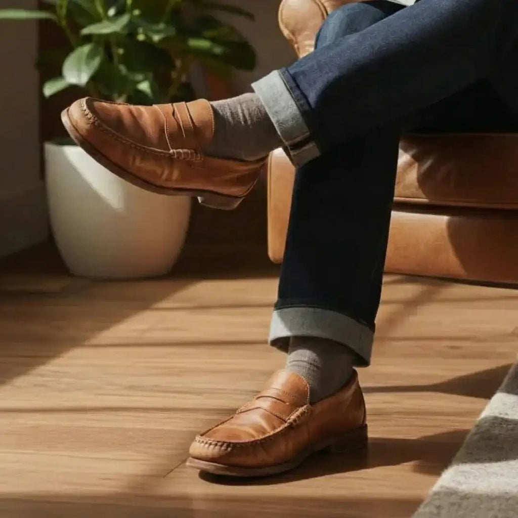 Men's penny loafers in tan leather worn with grey socks and cuffed dark jeans