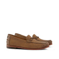 Women's leather moccasin loafers with bow detail and contrast stitching on white background