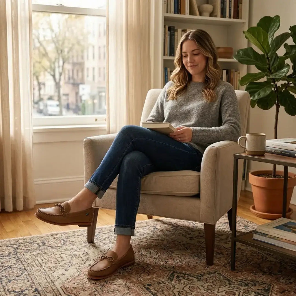 Woman seated in armchair reading a book while wearing tan leather loafers with bow detail