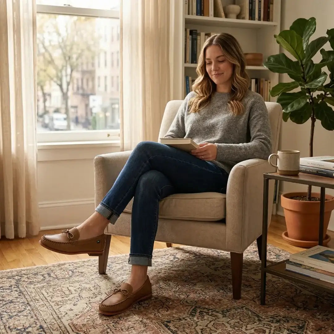 Woman seated in armchair reading a book while wearing tan leather loafers with bow detail