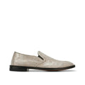 Side view of a slip-on loafer with metallic distressed finish and black sole