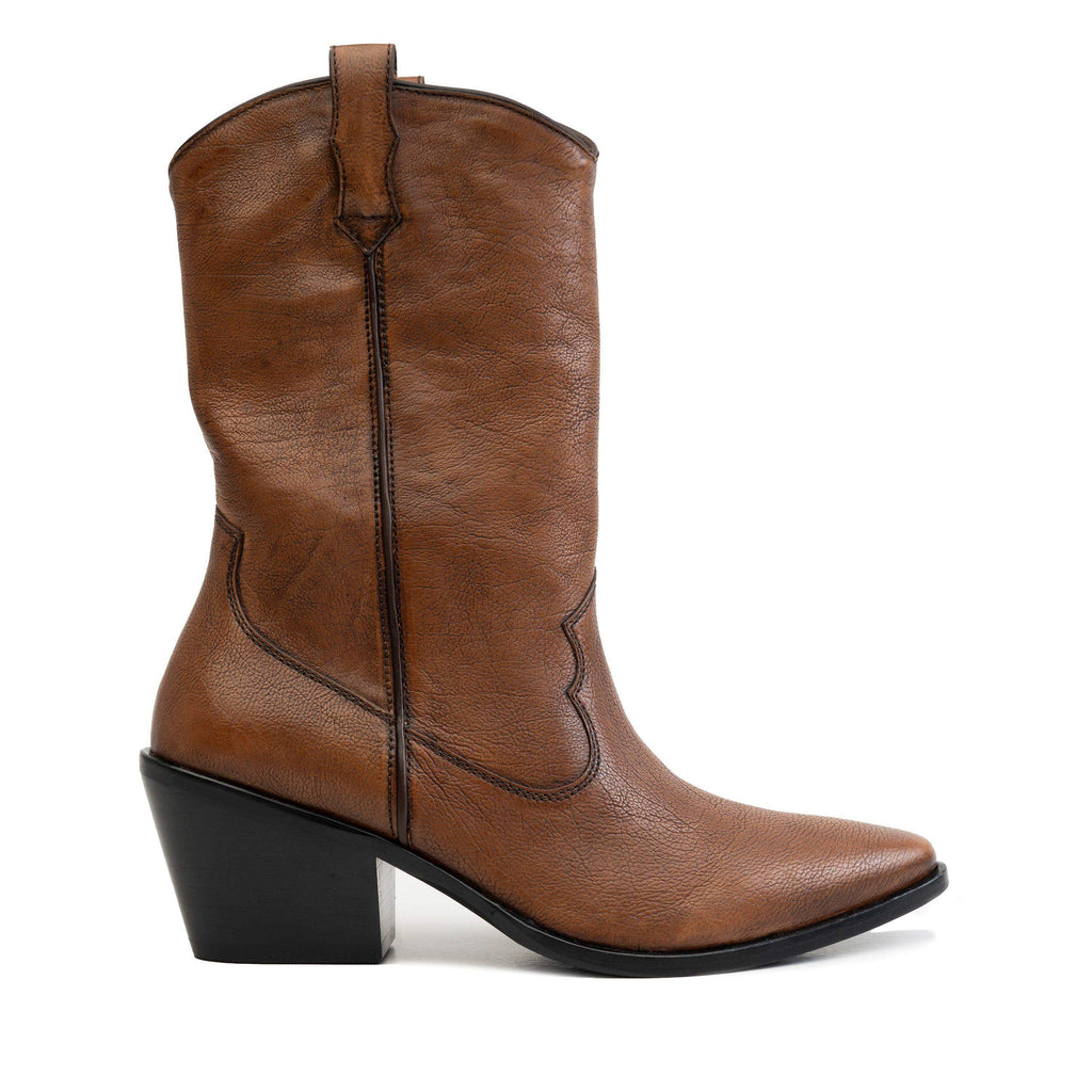 Women's mid-calf western cowboy boot with block heel and decorative stitching detail